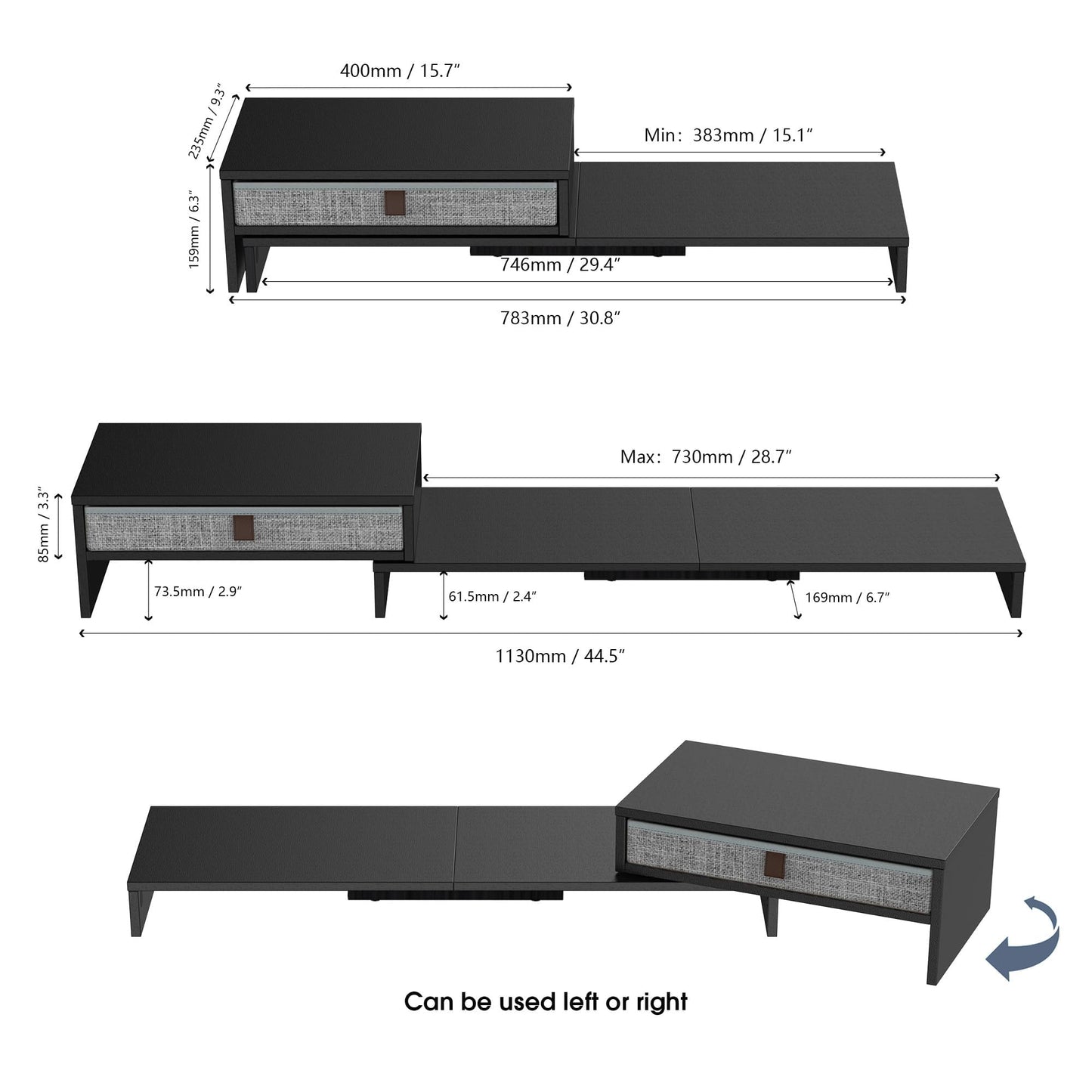 Fenge Computer Monitor Riser Stand with Drawer for 2 or 3 Monitors ,Adjustable Length and Angle Desktop Laptop Stand,Office Organizer,Printer,Black
