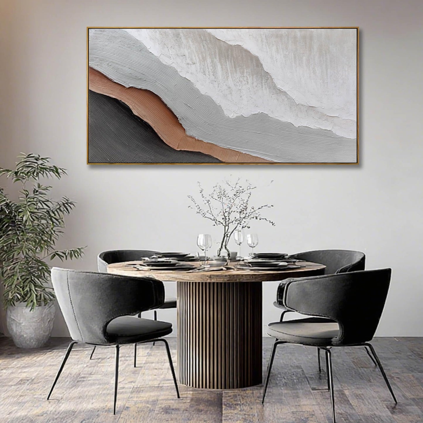 Textured White Wall Art,Grey Abstract Artwork,Large Framed Modern Pictures,Wave Landscape Oil Painting 24"x48"for Home Office Gallery
