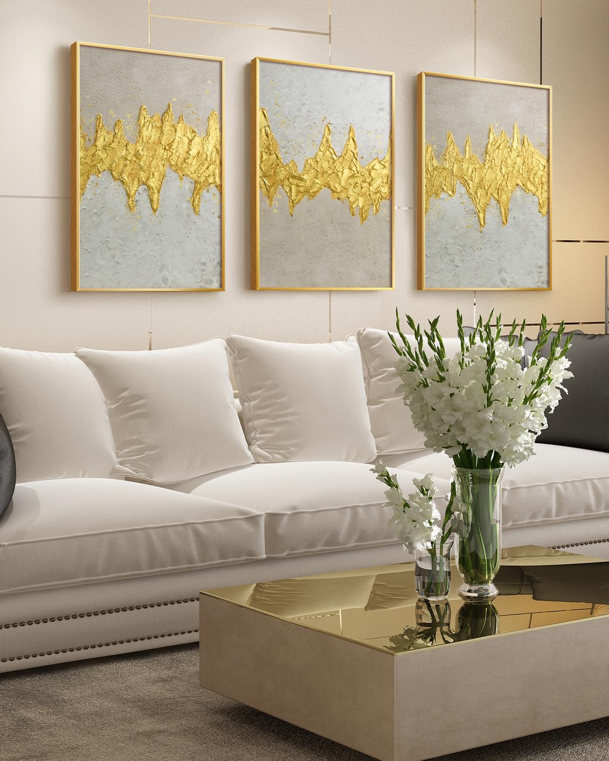 VIYYIEA Metal Framed 3D Texture Large Wall Art Set 3 Pcs Modern Neutral Artwork Abstract Gold Textured Painting Canvas Print for Living Room Bedroom Dining Room Office Gallery - 16x24 inch