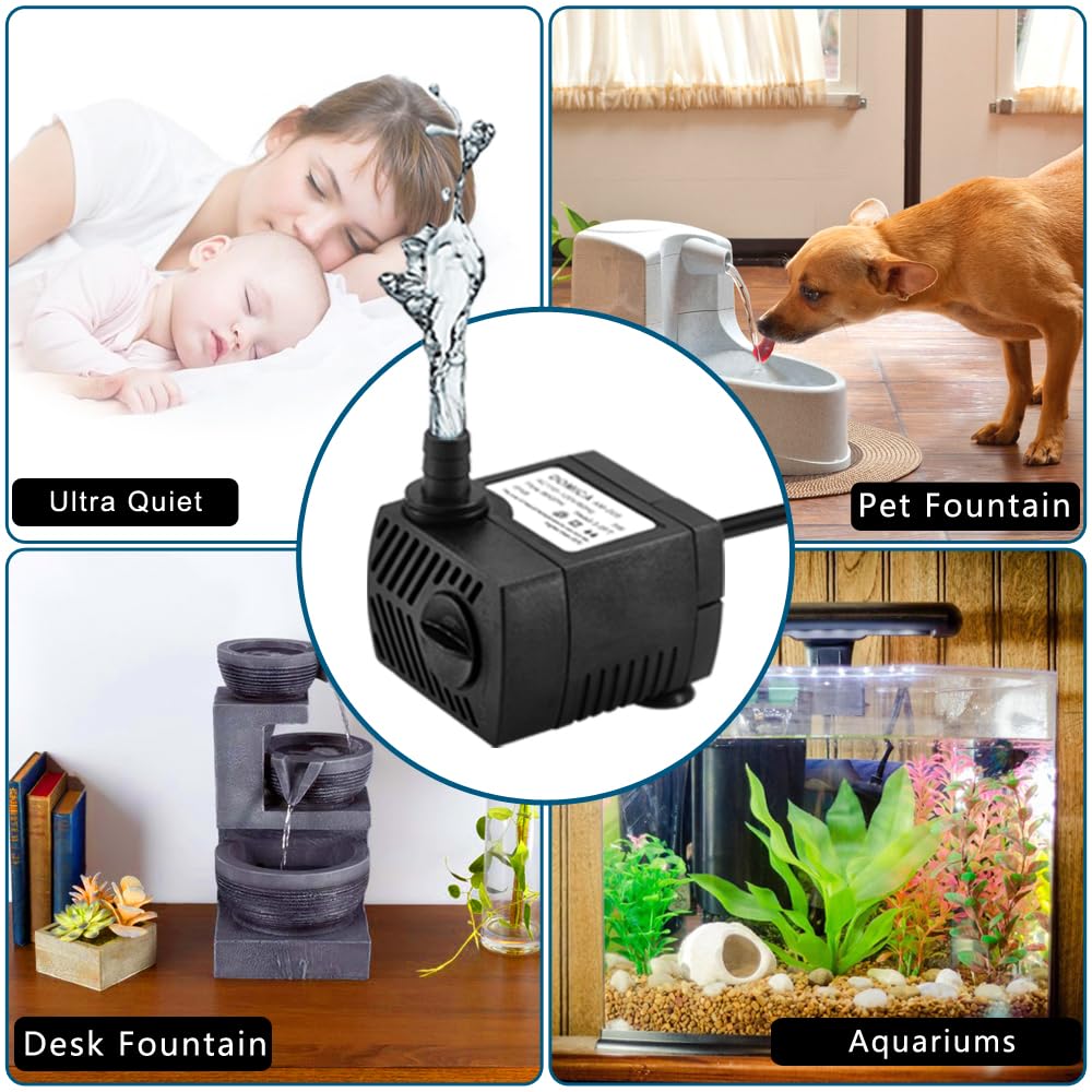 90 GPH Mini Submersible Pump, Small Fountain Pump (5W 350L/H) for water feature, Aquariums, Fish Tank, Tabletop Fountain, Pet Fountain, Indoor or Outdoor Pond Fountain (AC Powered)