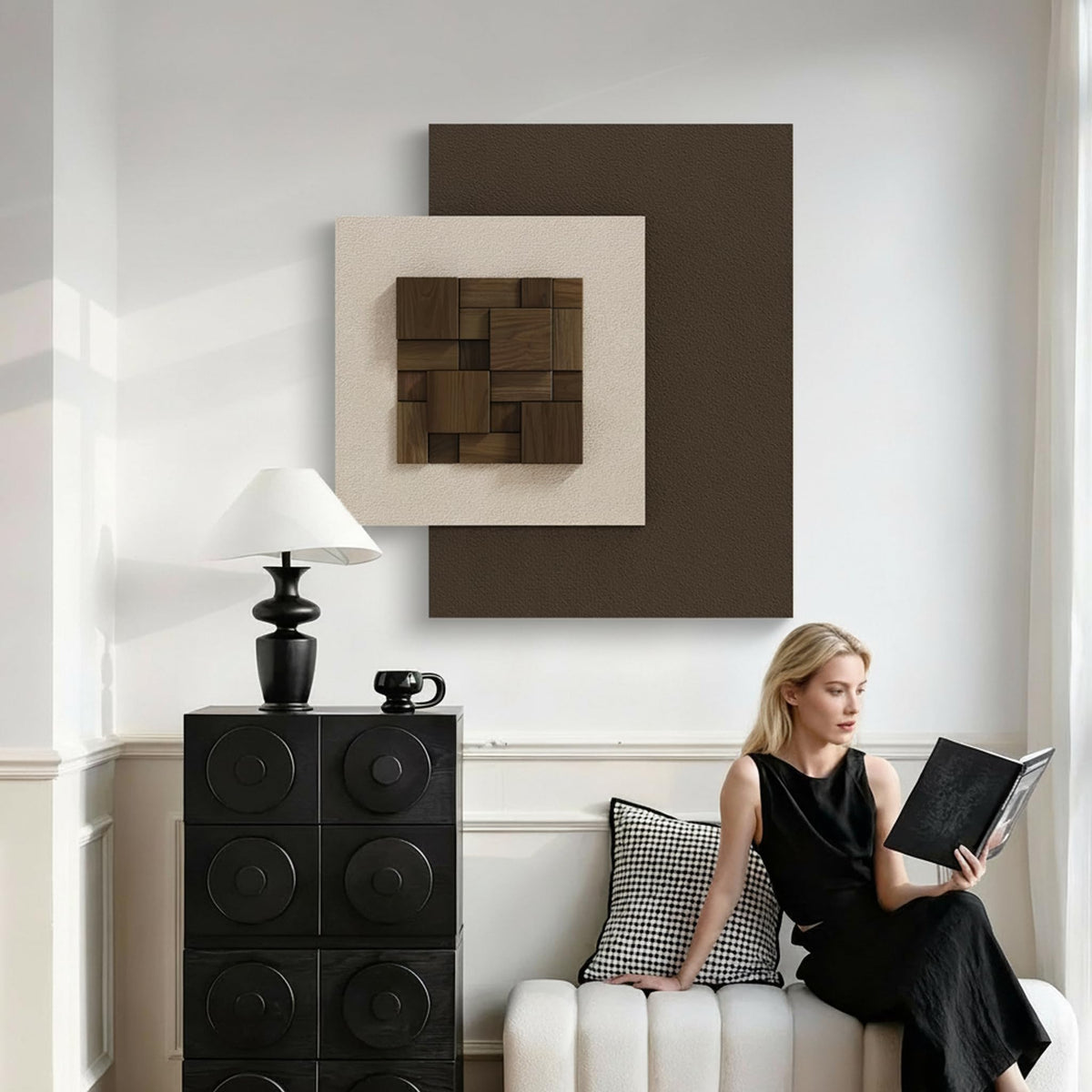 Vaskuro Extra Large 3D Wood Textured Neutral Art, Modern Minimalist Abstract Artwork for Living Dining Room, Handmade,Sandstone Layered, Organic home Office Brown Beige Cozy Wall Decor, 29x31.5in