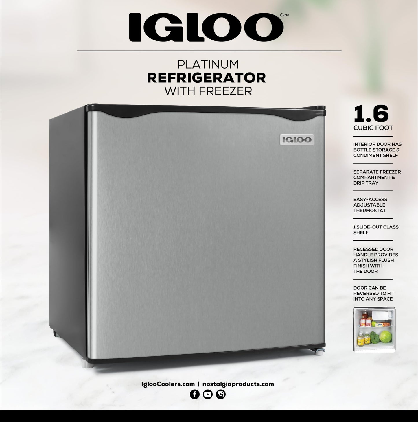 Igloo 1.6 Cu.Ft Mini Fridge with Freezer - Single Door Compact Refrigerator with Glass Shelves for Homes, Dorms & Offices - Keep Drinks & Frozen Foods Cool with Temperature Control Fridge - Platinum