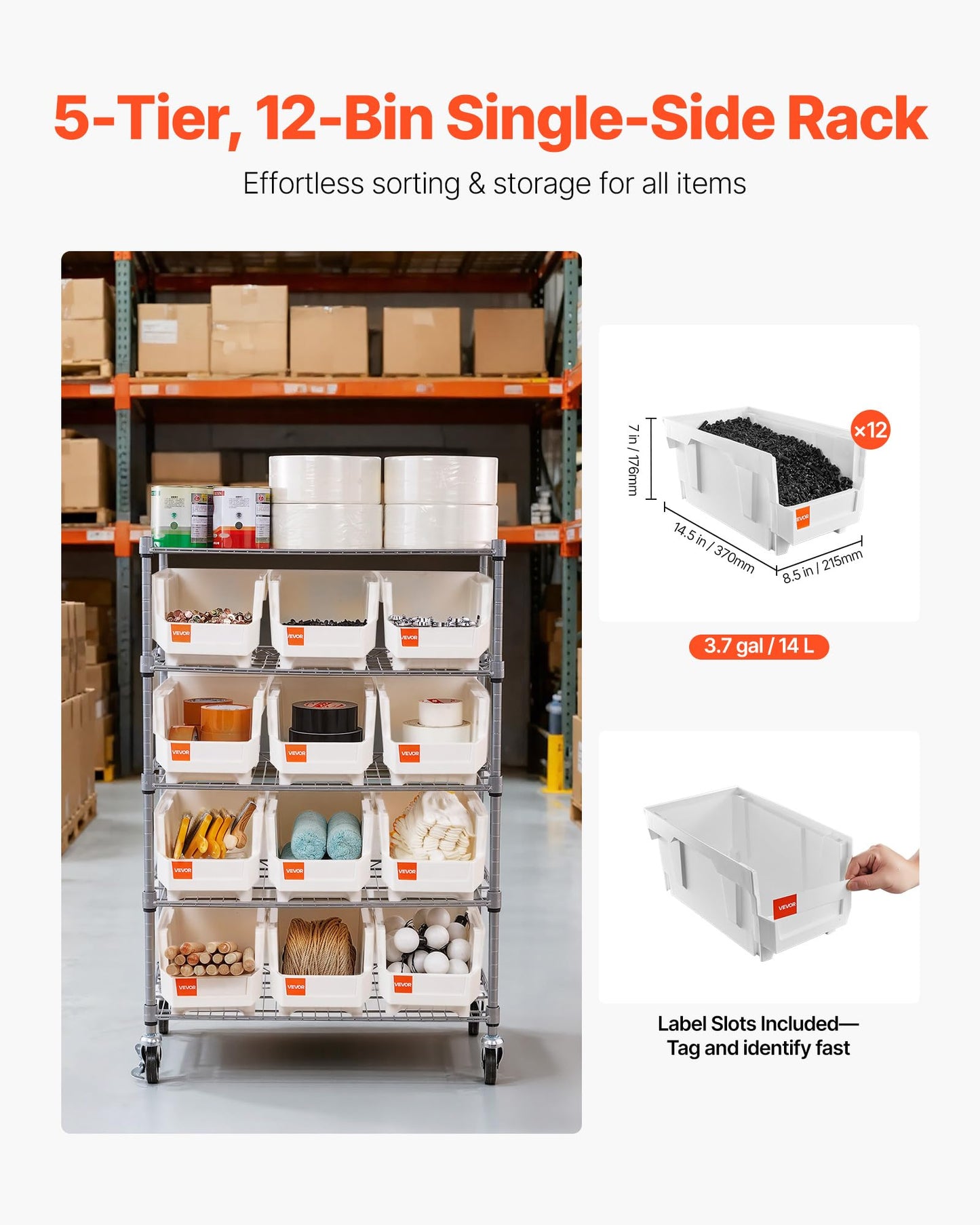 VEVOR 5-Tier Rolling Bin Storage Rack, 12 Organizer Bins, Bin Rack Storage Steel Wire Shelving System with Wheels, Mobile Tool Organizer for Garage, Warehouse, Office, Restaurant, Classroom, Kitchen