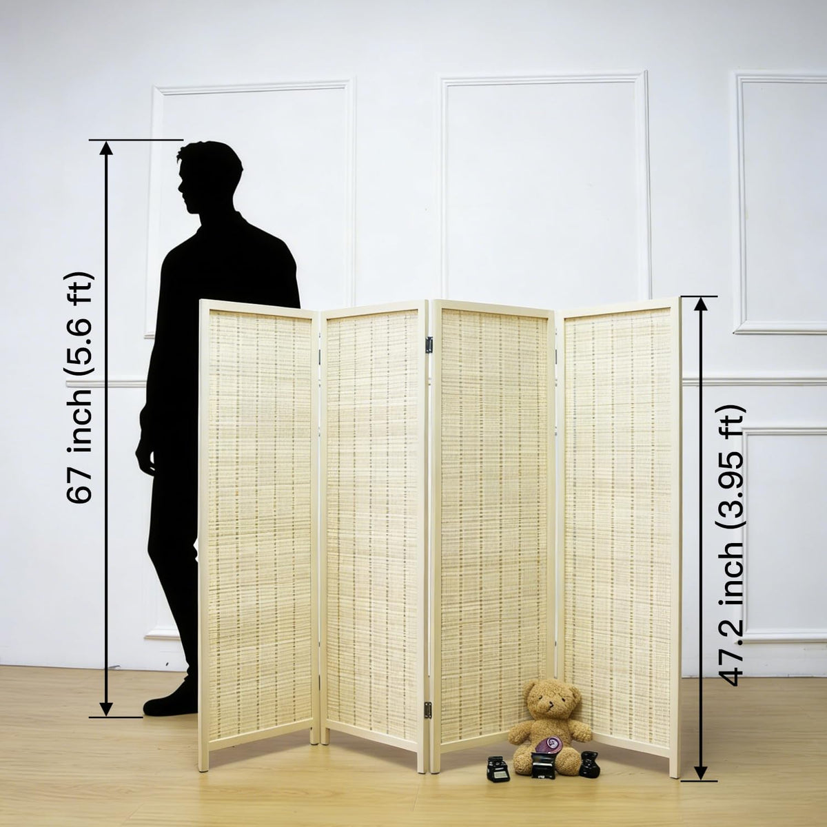 Furnnylane 4 Panel Short Room Divider Screen,Beige Freestanding Partition,Small Bamboo Panel Divider for Room Seperation,3.95 FT Tall