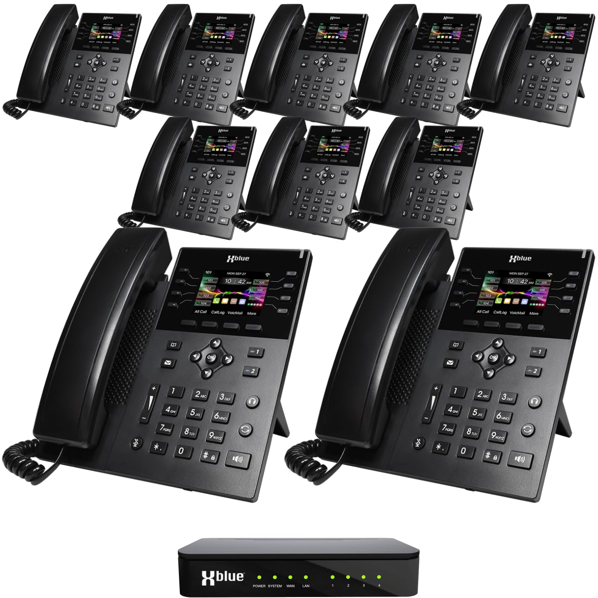 XBLUE QB1 Business Phone System with (10) IP8g Phones, (4) Landline Ports - Includes 3 Months Free Telephone Line Service - Mobility Options for Work from Home and iPhone/Android Smartphones