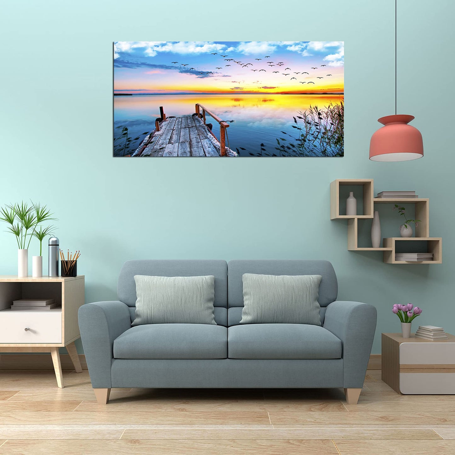 XXMWallArt FC2275 Jetty In The Sunset Lake Wall Art Canvas Prints Painting Nature Pictures Framed Landscape Paintings Canvas Wall Art for Living Room Bedroom Kitchen Home and Office Wall Decor