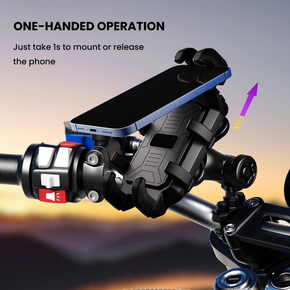 Thlevel Motorcycle Phone Mount Holder with Vibration Dampener Anti-Shake 720° Adjustable for iPhone 16 Pro Max for Samsung 5.4''-6.9'' Phone Anti-Theft Dirt Bikes(U Shape Base 0.6-1.1" Handlebar)