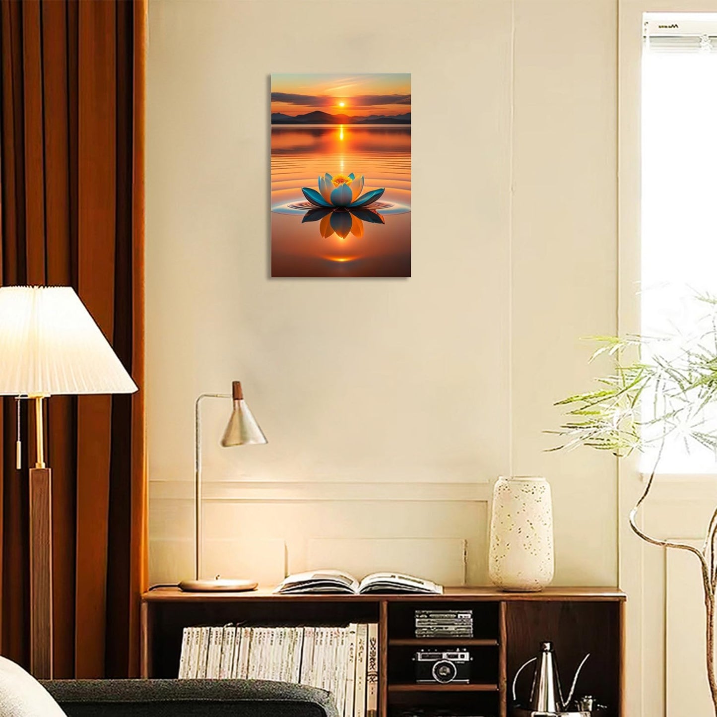 Sunset Lotus Wall Art–Lotus Blooming In The Water,Serene Lake Meditation Canvas Art,Yoga Spa Meditation Room Decor, Modern Spiritual Poster Prints For Zen Office Framed 12"X 16"