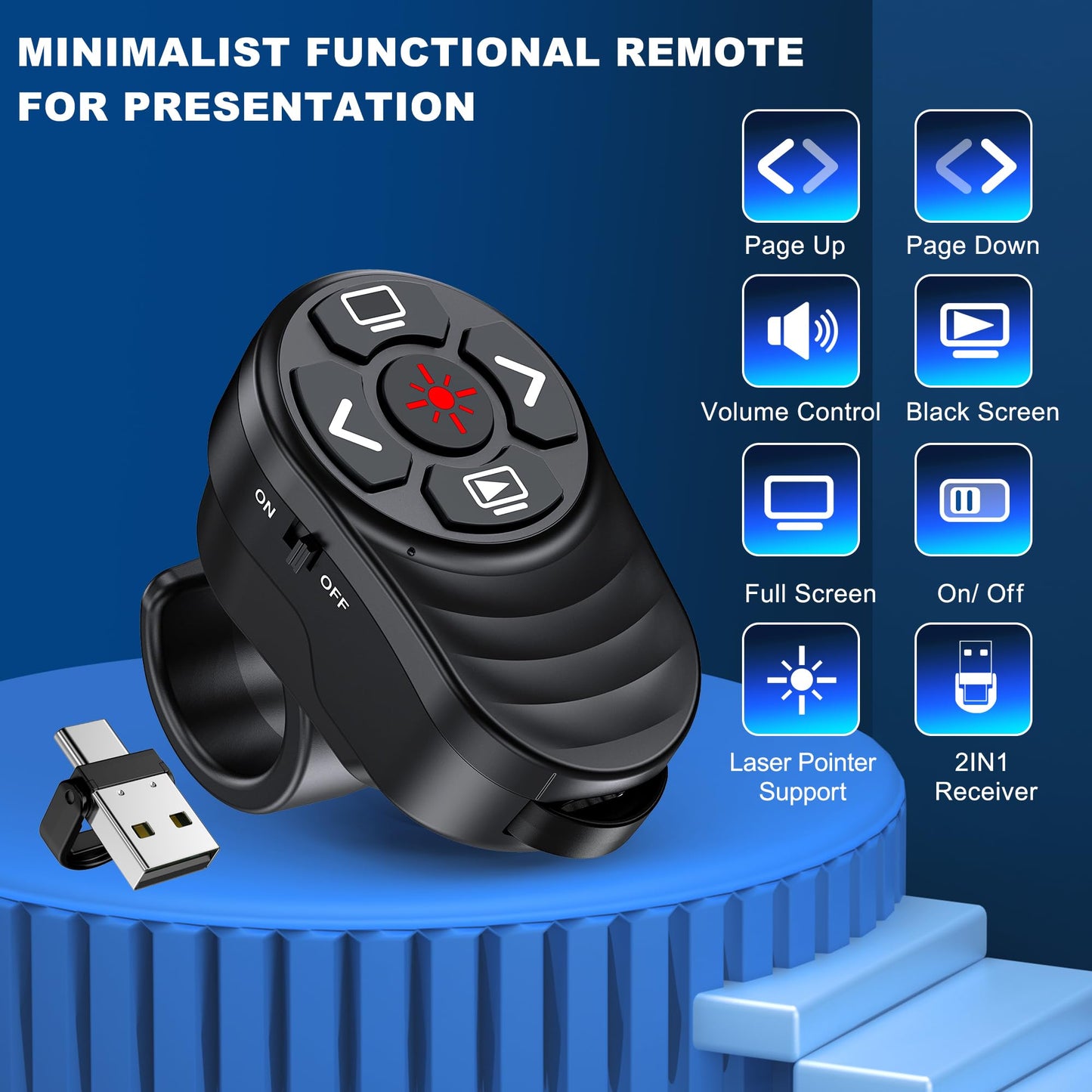 2 in 1 Presentation Clicker with Laser Pointer Finger Ring Clicker Rechargeable Presentation Clicker Long Distance PPT Clicker Remote Wireless Clicker Laser Pointer for Classroom Teacher Projector