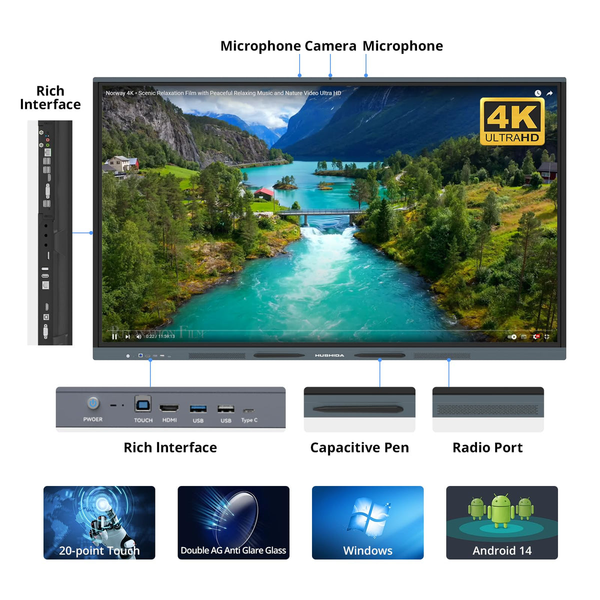 HUSHIDA 65 Smart Board, 4K UHD Interactive Whiteboard Built in Dual System and 48MP Camera, All in One Digital Whiteboard for Home, Classroom and Business (Wall Mount Included)