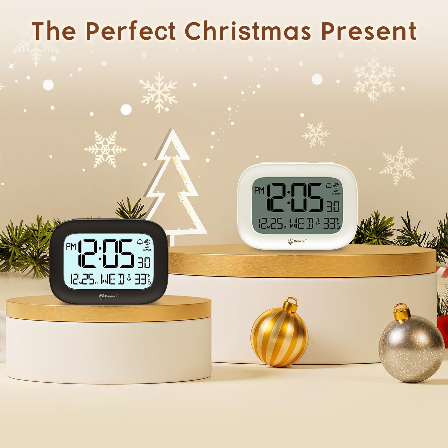 Geevon Small Digital Atomic Alarm Clock for Bedroom, Portable Battery Operated Travel Desk Clock for Heavy Sleepers, with 10s Backlight, Temperature, 3 Inch Display, White
