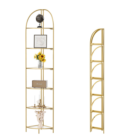 Crofy Foldable 6 Tier Corner Shelf, Metal Corner Plant Stand with Gold Frame and Transparent Shelves, Corner Display Rack Multipurpose Shelving Unit for Living Room, Bedroom, Bathroom
