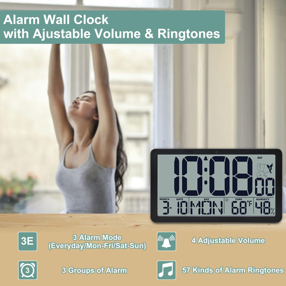 Atomic Wall Clock Battery Operated,10.5 inch Digtial Desk Clock with Temperature and Humidity,Self-Setting Alarm Clocks with 57 Ringtones,Auto DST, Large LCD Display for Seniors Batteries Included