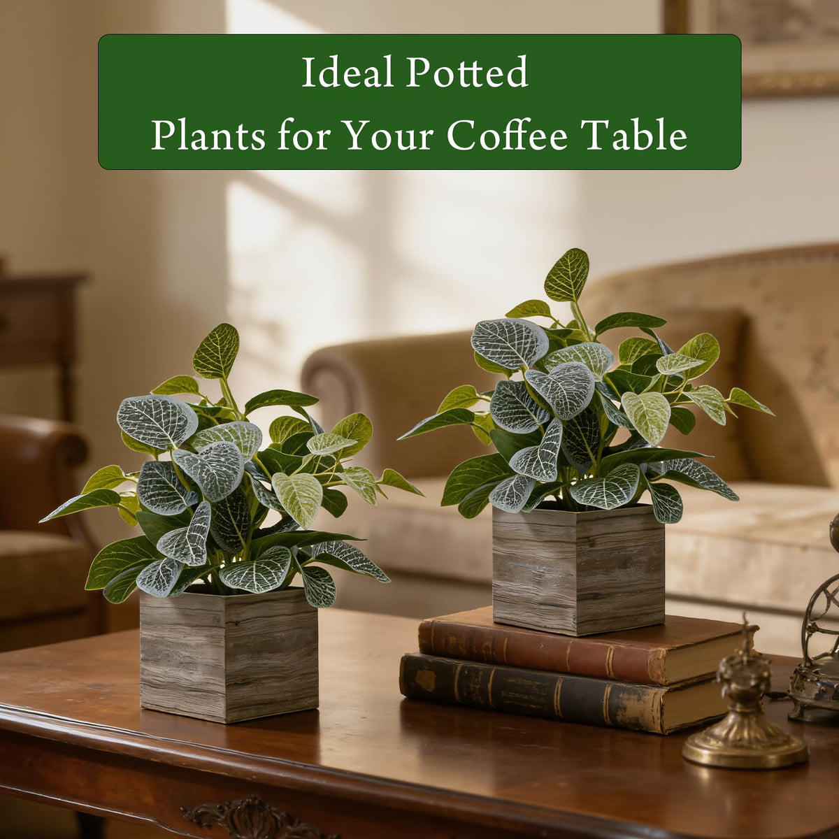 Nztze 2 Pack 12" Medium Eucalyptus Fake Plants, Artificial Plants Indoor with 4 Inch Wooden Planters, Faux Potted Plants for Home Decor, Desk, Shelves, Desktop, Coffee Table, Bedroom