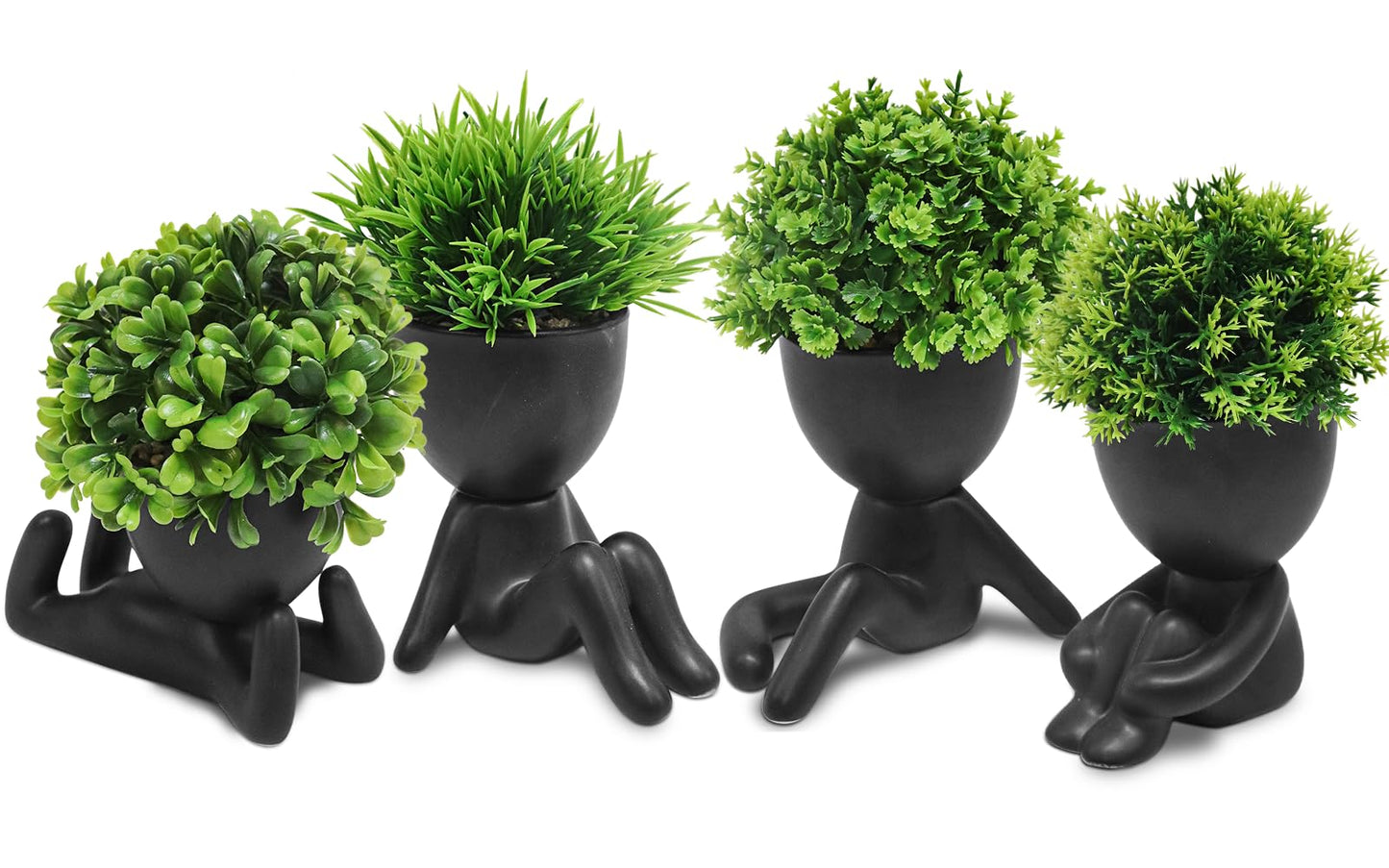 MAKHOT 4PCS Cute Artificial Mini Succulent Plants with Creative Human Shaped Pots, Small Fake Plants for Shelf Desk Tabletop Office Home Decoration(Black)