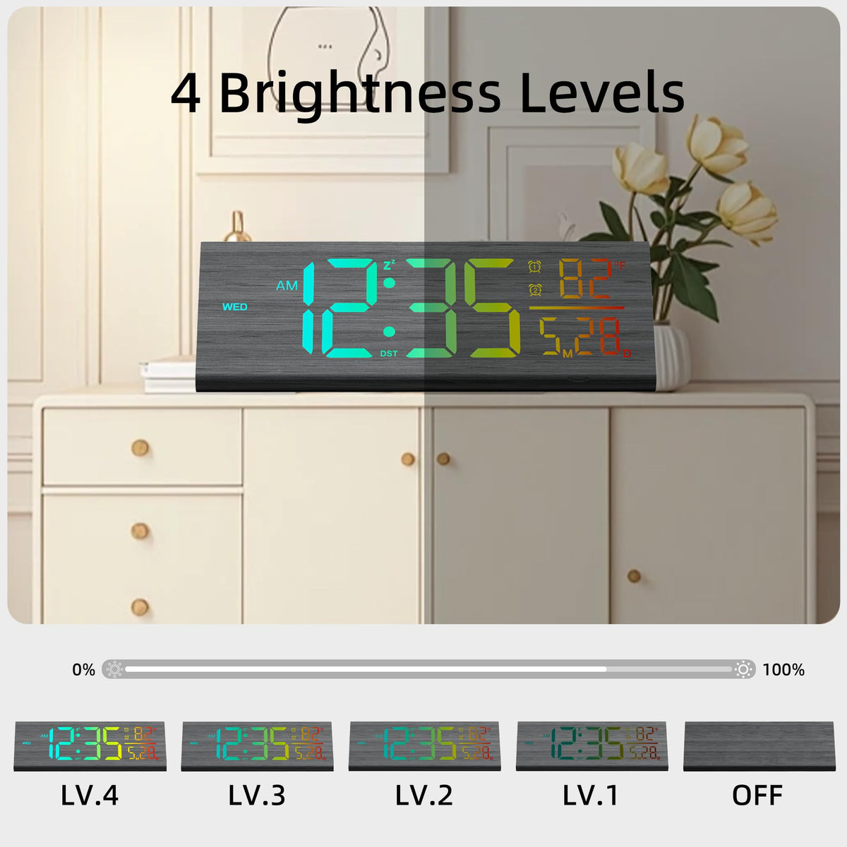 Haimiage Solid Wood Digital Alarm Clock for Bedroom - 8.8 Inch Large Display, Multicolor Backlight Time Display, Dual Alarms, Date/Temp/Day, DST, Snooze, Black