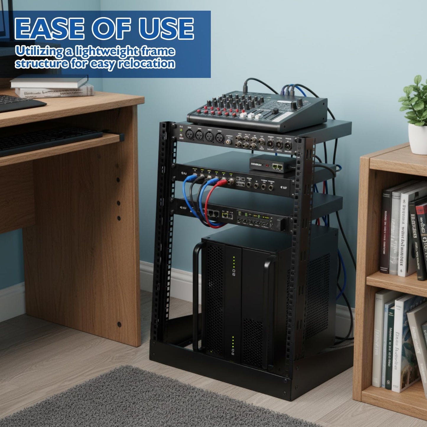 Moxweyeni 12u Open Frame Server Rack 19" 2 Post Network Rack for Audio Video Device Free Standing Desktop or Floor Lightweight Hinged Design, Compatible with Eia-310 Compliant, 140 Lbs Load Capacity