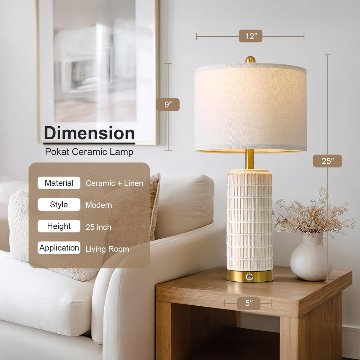 PoKat Touch Bedside Table Lamps with USB Ports for Bedroom Living Room, 25'' Dimmable Nightstand Touch Lamps for Living Room, Modern Ceramic Lamps for Night Stands Bedroom, Office, White and Beige