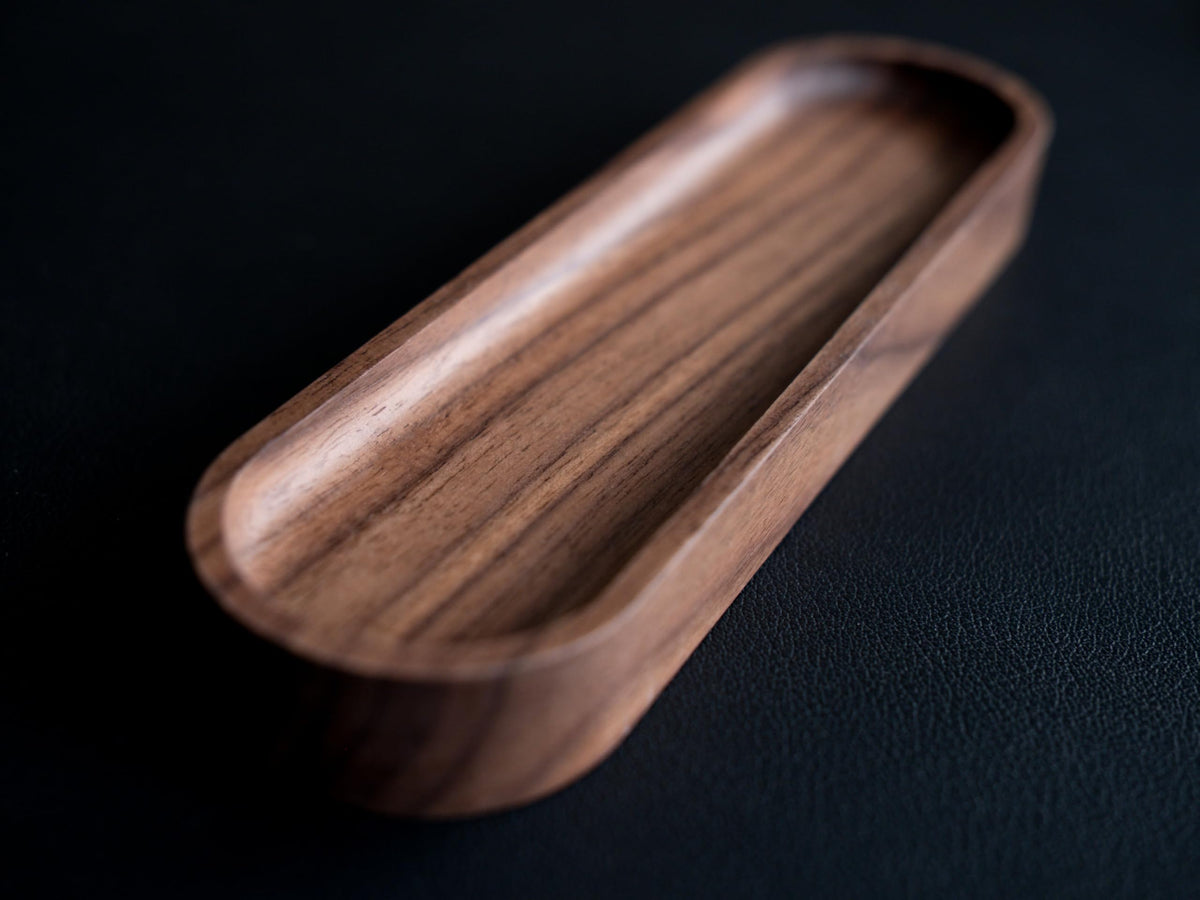 Timber Box Design Walnut Wood Pen Tray, Minimalist Oval Wooden Pencil Holder, Office Desk Organizer, Writing Instrument Rest, Work Student Teacher Gift