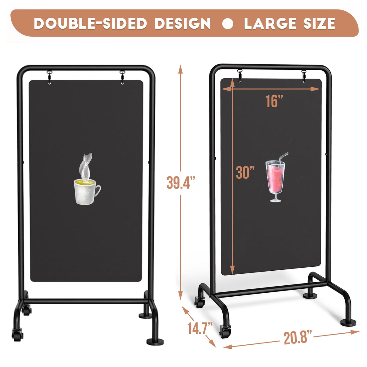 SELEAD Metal Swinging Chalkboard with Wheels - 40" x 20" Double Sided Rolling Sidewalk Chalk Board Easel Sign, Large Outdoor Indoor Menu Message Sandwich Pizarra for Business, Wedding, Cafe