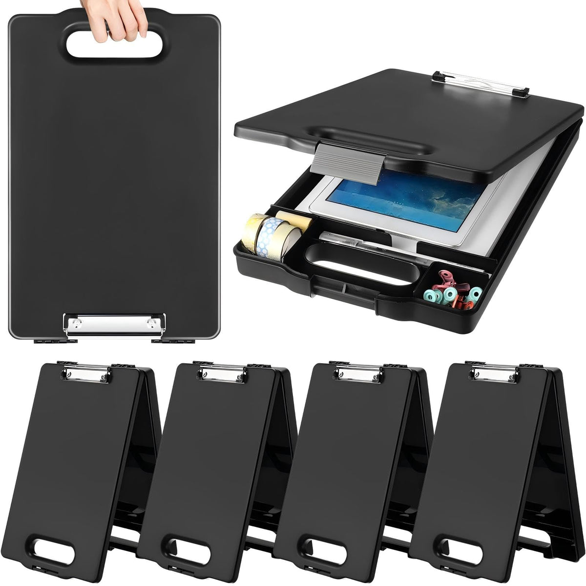 Fainne 6 Pcs Heavy Duty Clipboard with Storage and Handle Plastic Compartments Built-in Pen Holder Large Capacity Foldable Clipboard with Storage and Clip, 9.8x15.3(Black)