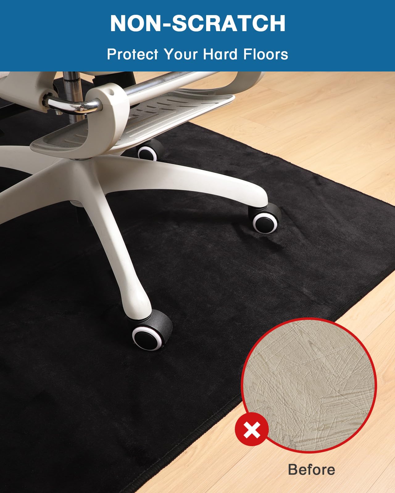 FUNMAT Office Chair Mat for Hardwood Floor, 51"x63" Flannel Fabric Large Chair Mat for Hard Floors, Non-Slip Under Desk Rug for Rolling Chairs, Soft Floor Protector Area Rug for Home Office, Black