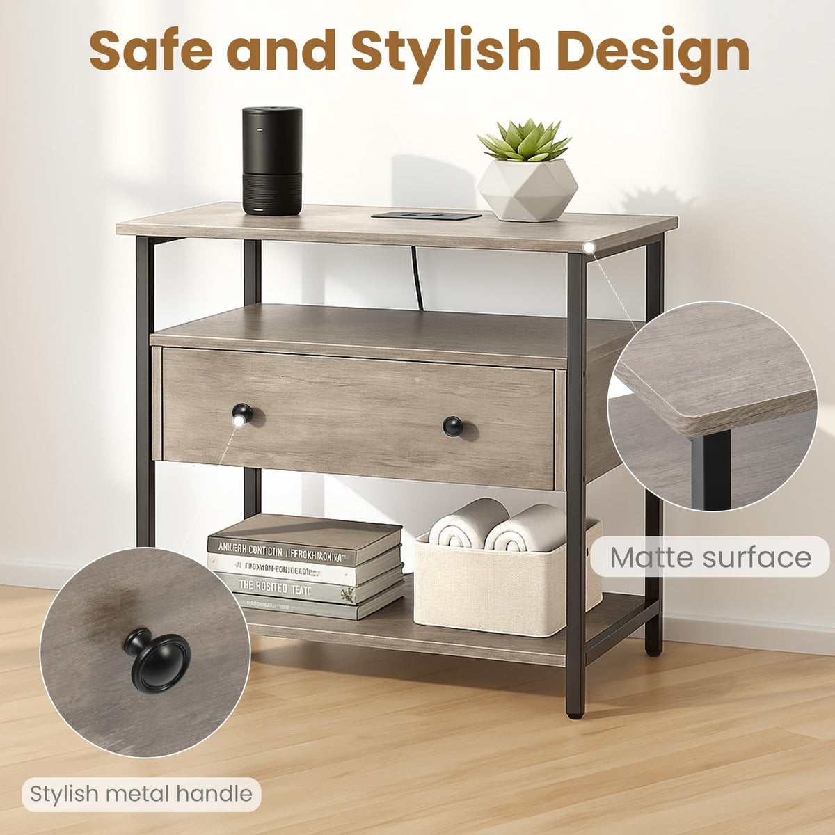 Edbuosy 27 Inch Wide Night Stand with Charging Station, Wood Nightstand with Open Shelf, Large Drawer Bedside Table for Living Room/Bedroom/Office (Rustic Gray)