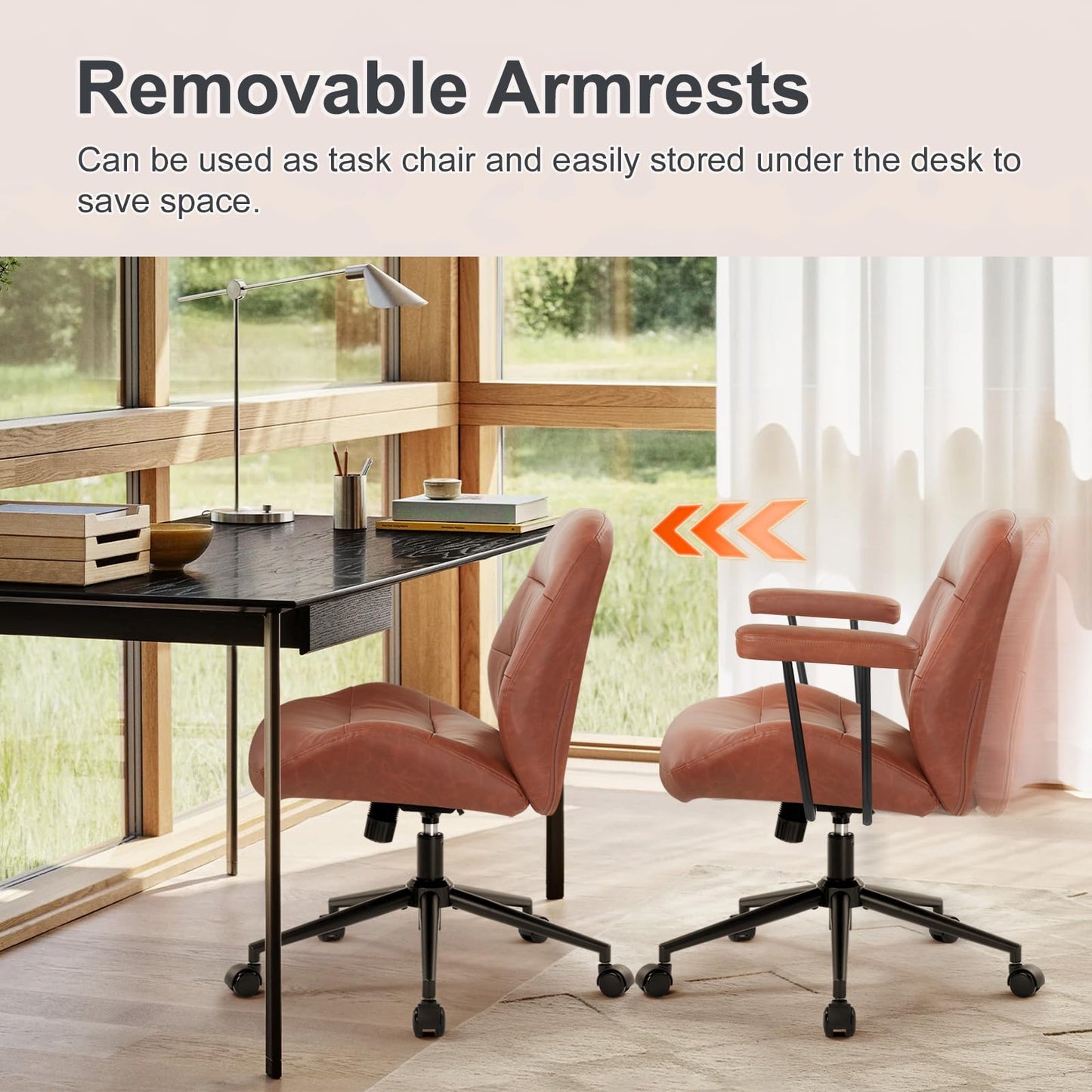IWMH Leather Office Chair with Removable Armrests，Mid-Back Ergonomic Desk Chair with Lumbar Support，Adjustable Height 360° Swivel Executive Task Chairs for Home Office (Brown)
