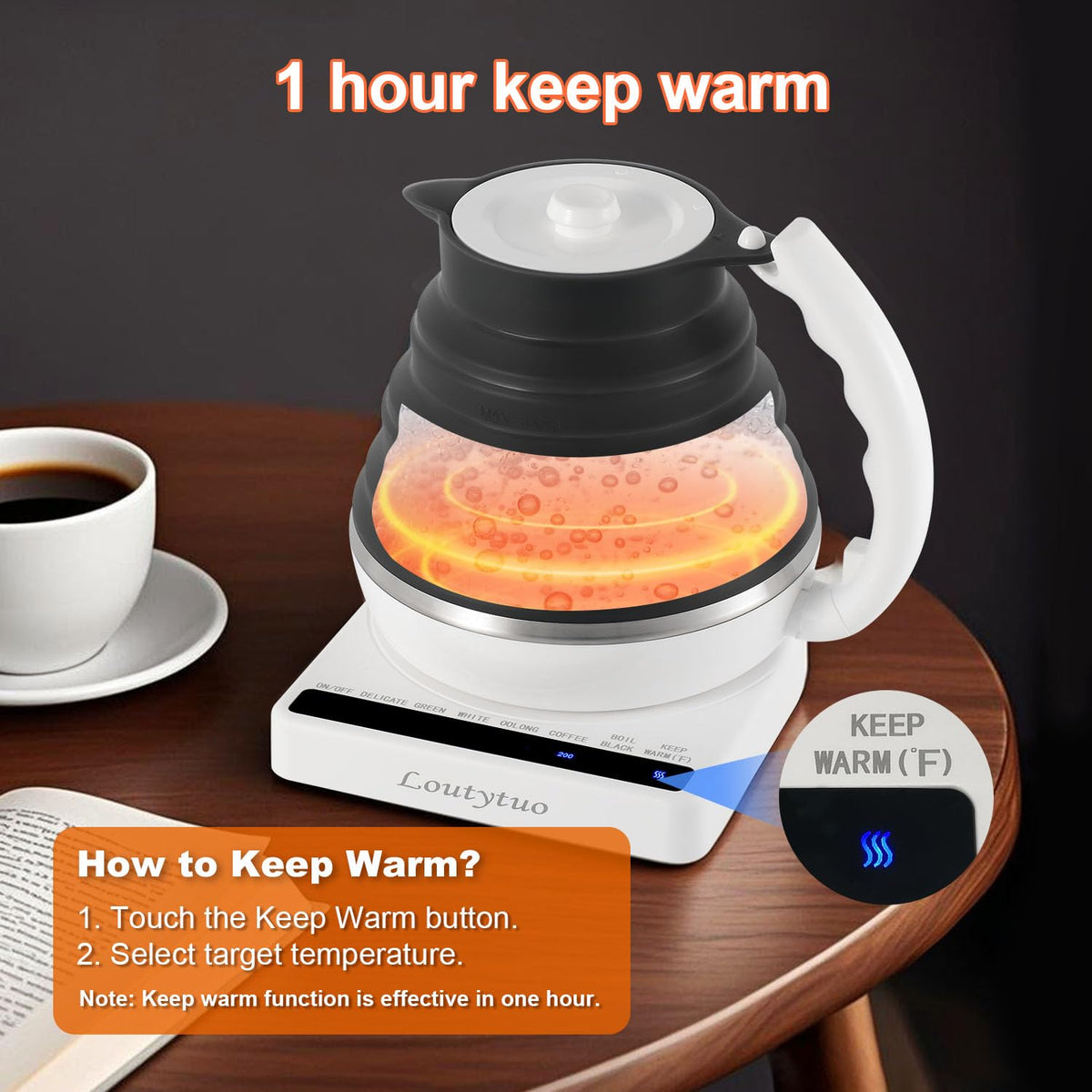 Ultrathin Food Grade Silicone Travel Foldable Electric Kettle Variable Temperature Control with Dual Voltage, Auto Shutoff & Boil Dry Protection & Keep Warm, 555ML 110-220V US Plug (Black)