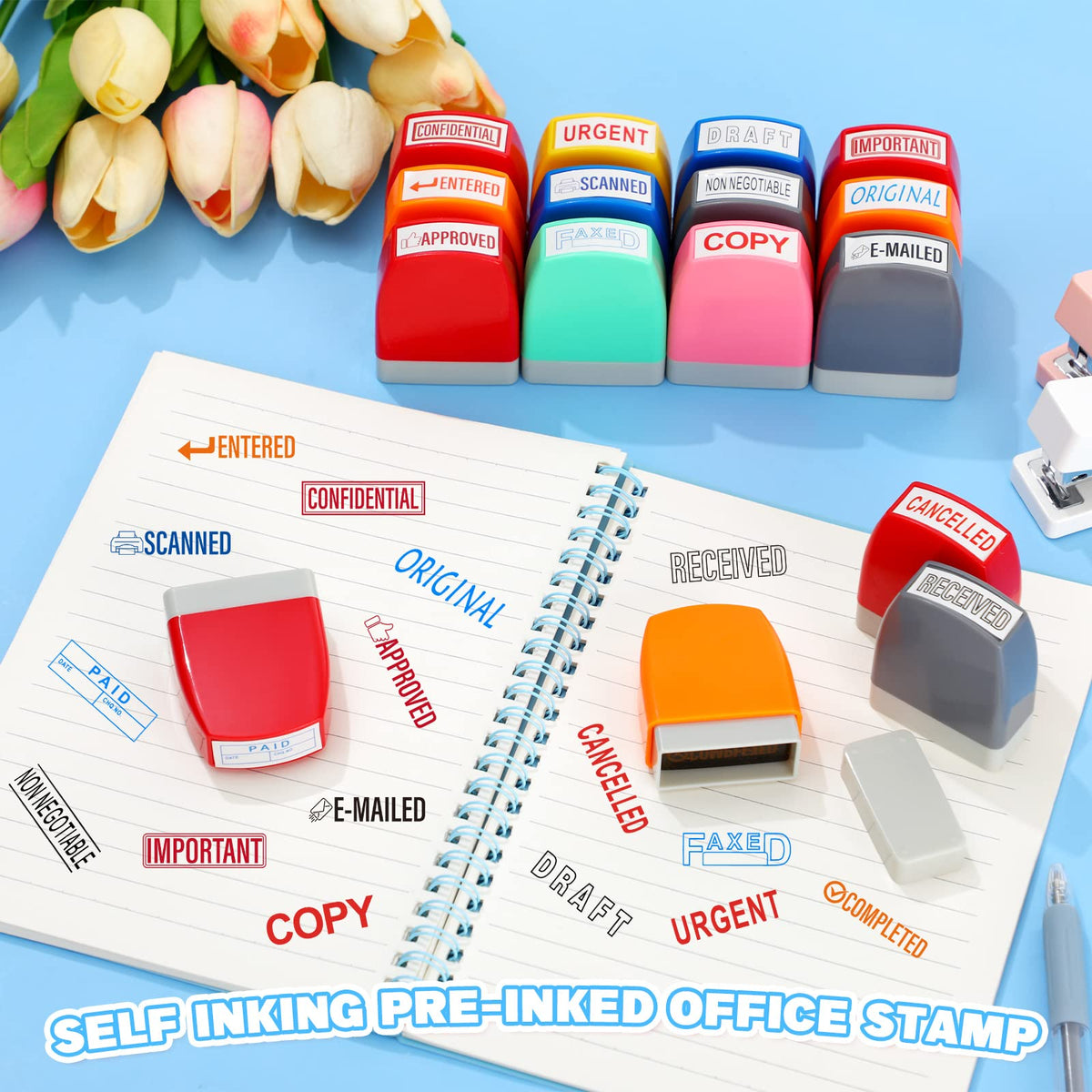 Crtiin 16 Pcs Office Stamp Set Message Self Inking Rubber Stamp Set for Office Stamps Completed Faxed Scanned Stamps for Message Supplies(Mixed Colors)