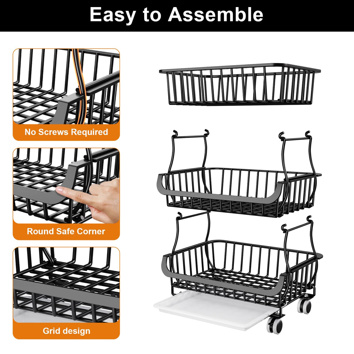 3 Tier Rolling Pantry Floor Organizers and Storage Cart with Wheels, Stackable Wire Fruit Basket Stand for Kitchen Organization, Three Tiered Pantry Storage Rack for Snack, Vegetable, Produce, Fruits