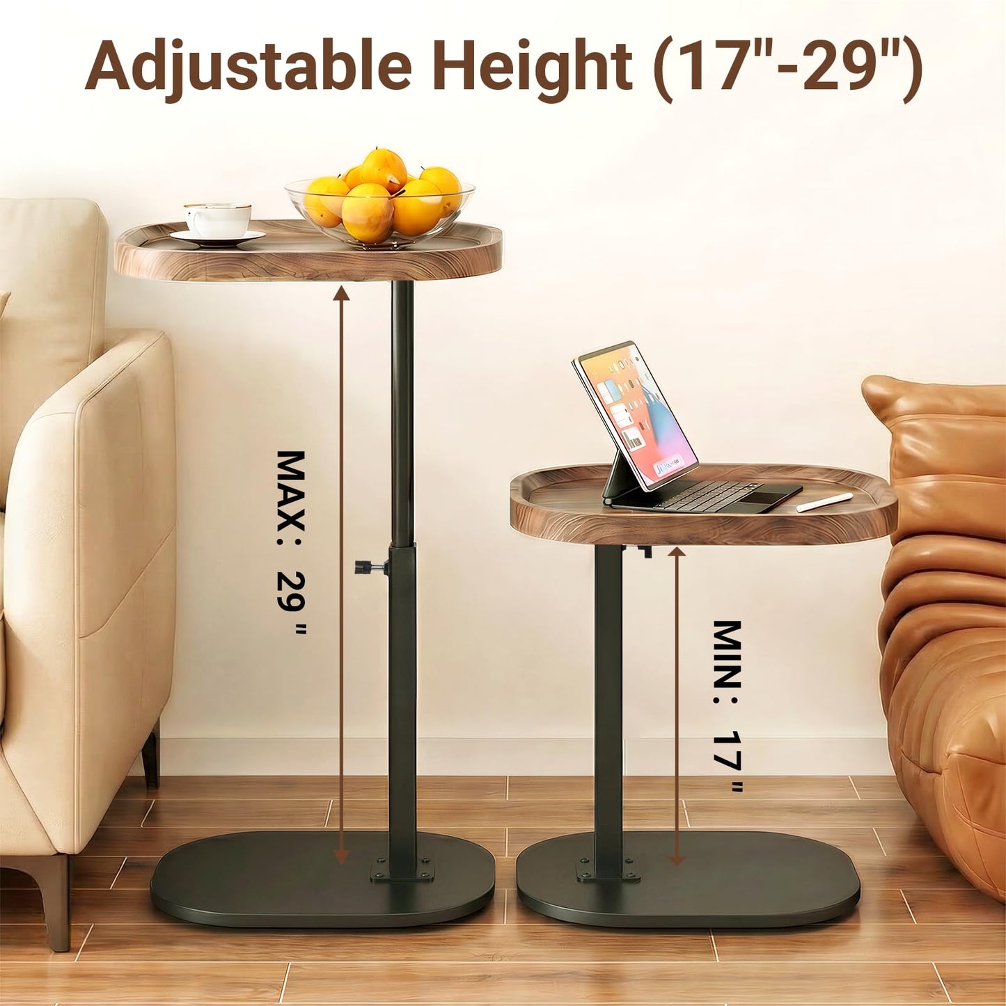Eansstofars Adjustable Height TV Dinner Tray Table for Eating, 360°Swivel Small C Shaped End Side Table for Living Room, Bedroom,Hospital, Couch Armrest Table that Slide Under Sofa, Bed, Desk