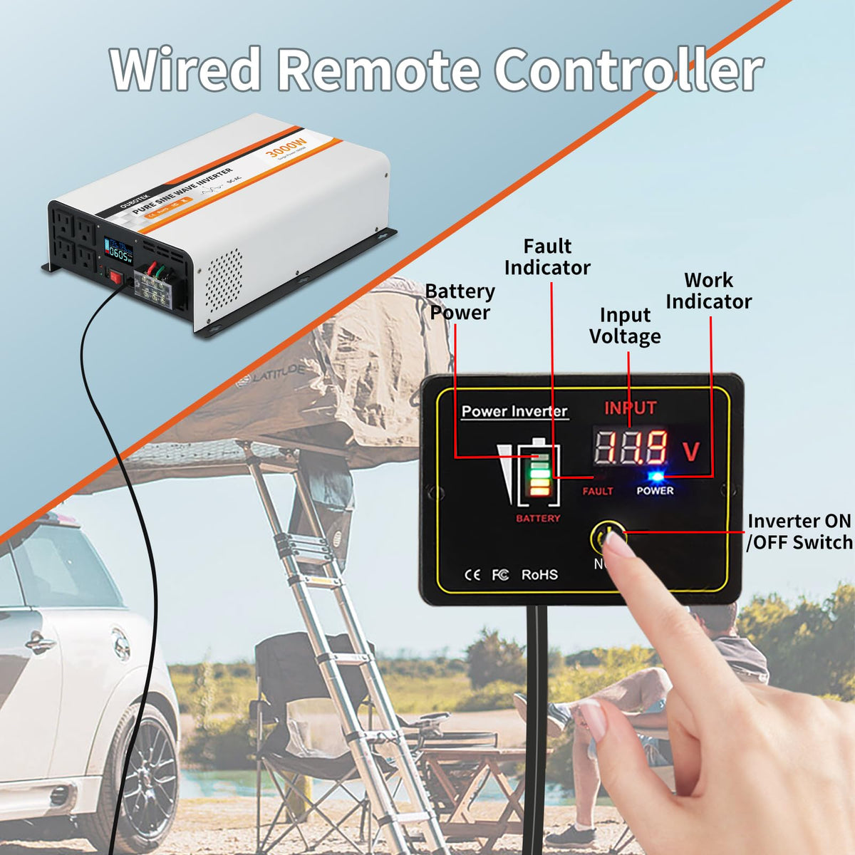 OUBOTEK 3000 Watt Pure Sine Wave Inverter, DC 12V to AC 120V with LCD Display, Remote Control, USB Port, 4 AC Outlets, and Terminal Block for RV Boat Camping Solar System and Home Use
