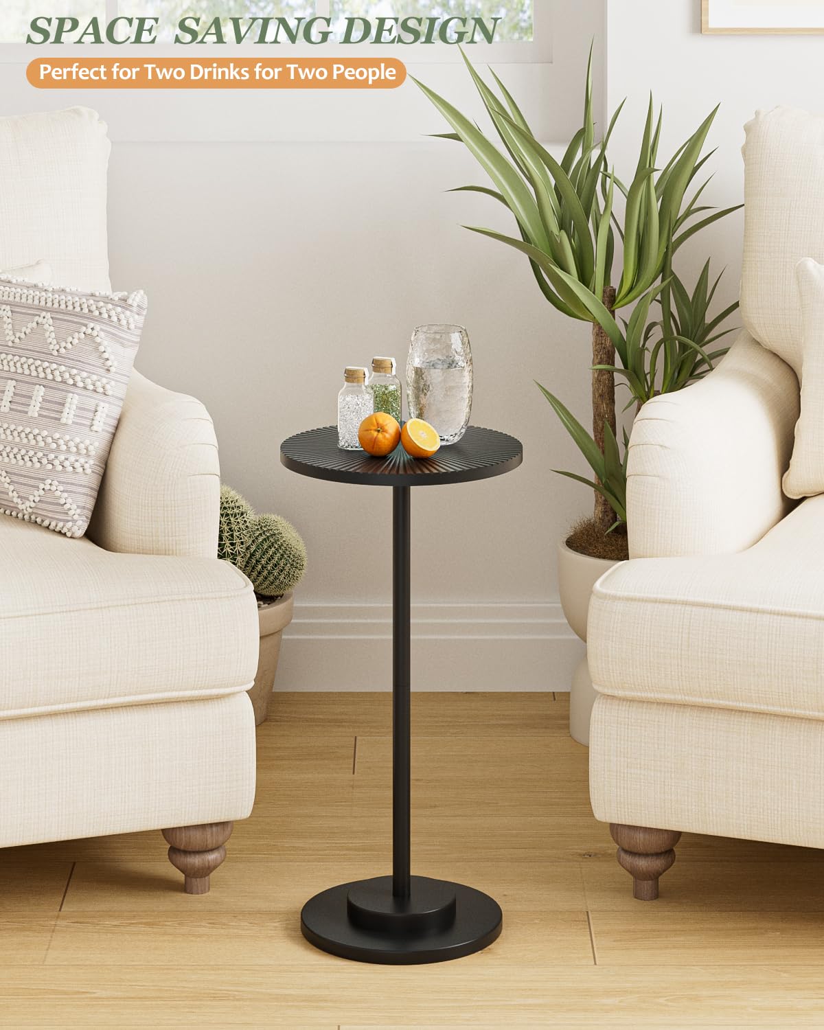 Round Side Table, Small Drink Table for Small Spaces, Modern Accent End Table with Metal Leg for Living Room, Bedroom, Corners, and Office (Black)