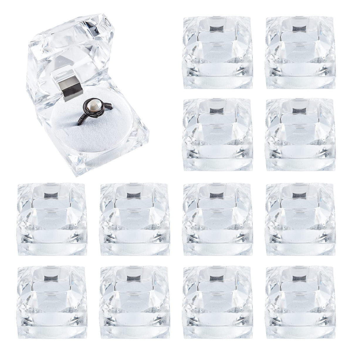 PH PandaHall 12pcs Clear Crystal Ring Gift Boxes Square Earrings Jewelry Storage Box Acrylic Ring Box Holder Display Organizer Case with Foam for Proposal Engagement Wedding Jewelry Display, White