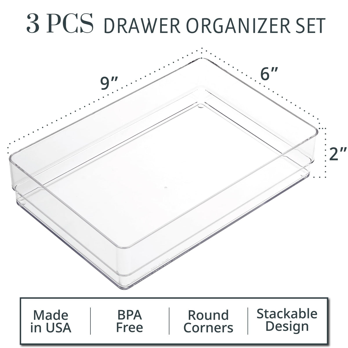 STORi SimpleSort 3-Piece Stackable Clear Drawer Organizer Set | 9" x 6" x 2" Rectangle Trays | Wide Makeup Vanity Storage Bins and Office Desk Drawer Dividers | Made in USA