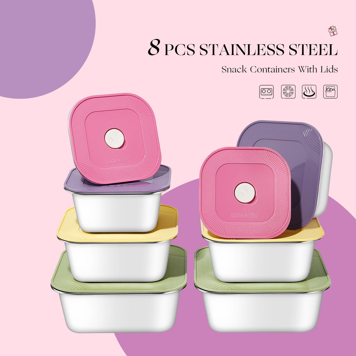 8-Piece Stainless Steel Food Storage Containers Set with 4 Colorful Lids – Airtight & Leakproof for Meal Prep, Lunch, Leftovers – BPA-Free, Dishwasher Safe – Durable Kitchen & Office Organizers