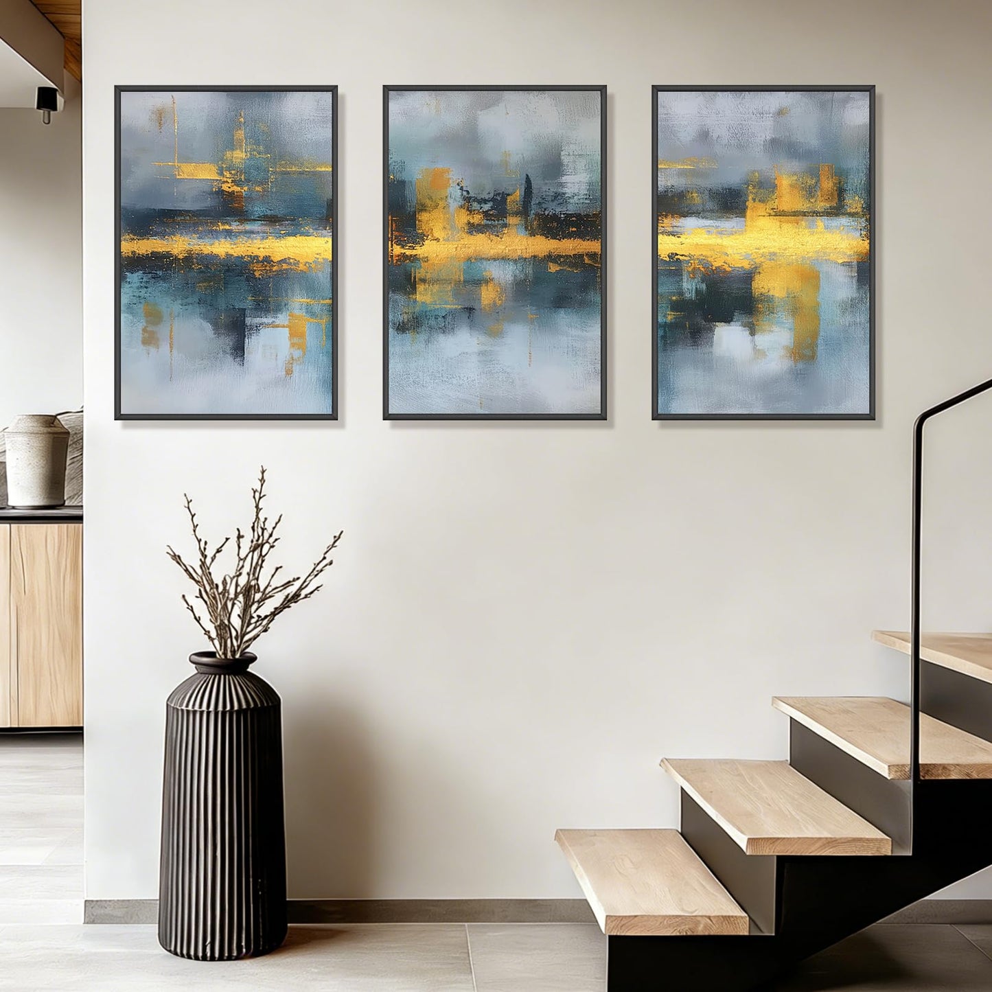 Blue and Gold Abstract Wall Art Set of 3, Modern Framed Canvas Wall Art 16x24 Inch, Luxury Abstract Landscape Wall Painting for Living Room Bedroom Office, Metal Frame Ready to Hang