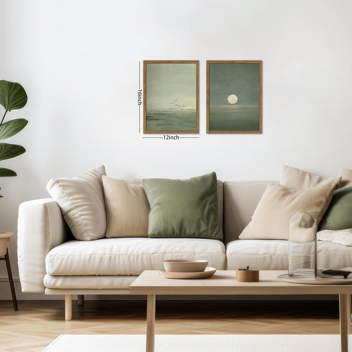 Framed Japanese Zen Wall Art Set of 2, Minimalist Sage Green Flying Duck Canvas Wall Decor Paintings, Modern Sunset Landscape Artwork Prints Picture for Living Room Bedroom Bathroom 12x16 Inch