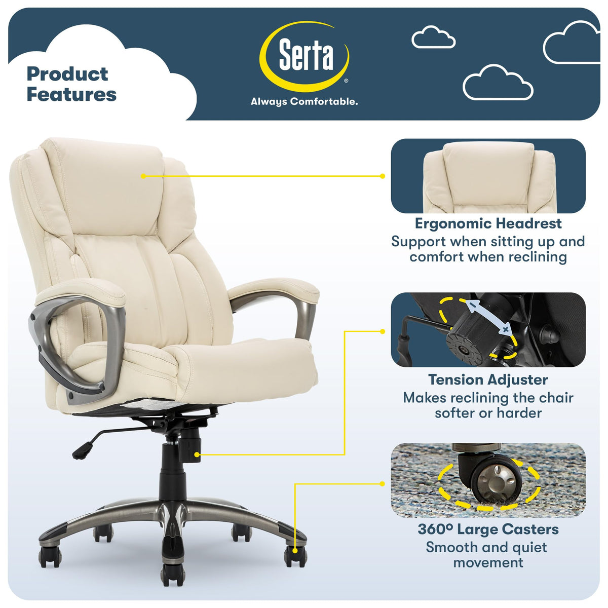 Serta Garret Executive Office Chair, Ergonomic Mid-Back with Lumbar Support, Semi-Plush Cushion and Body Pillows, Padded Armrests, Swivel Base, Bonded Leather, Ivory White