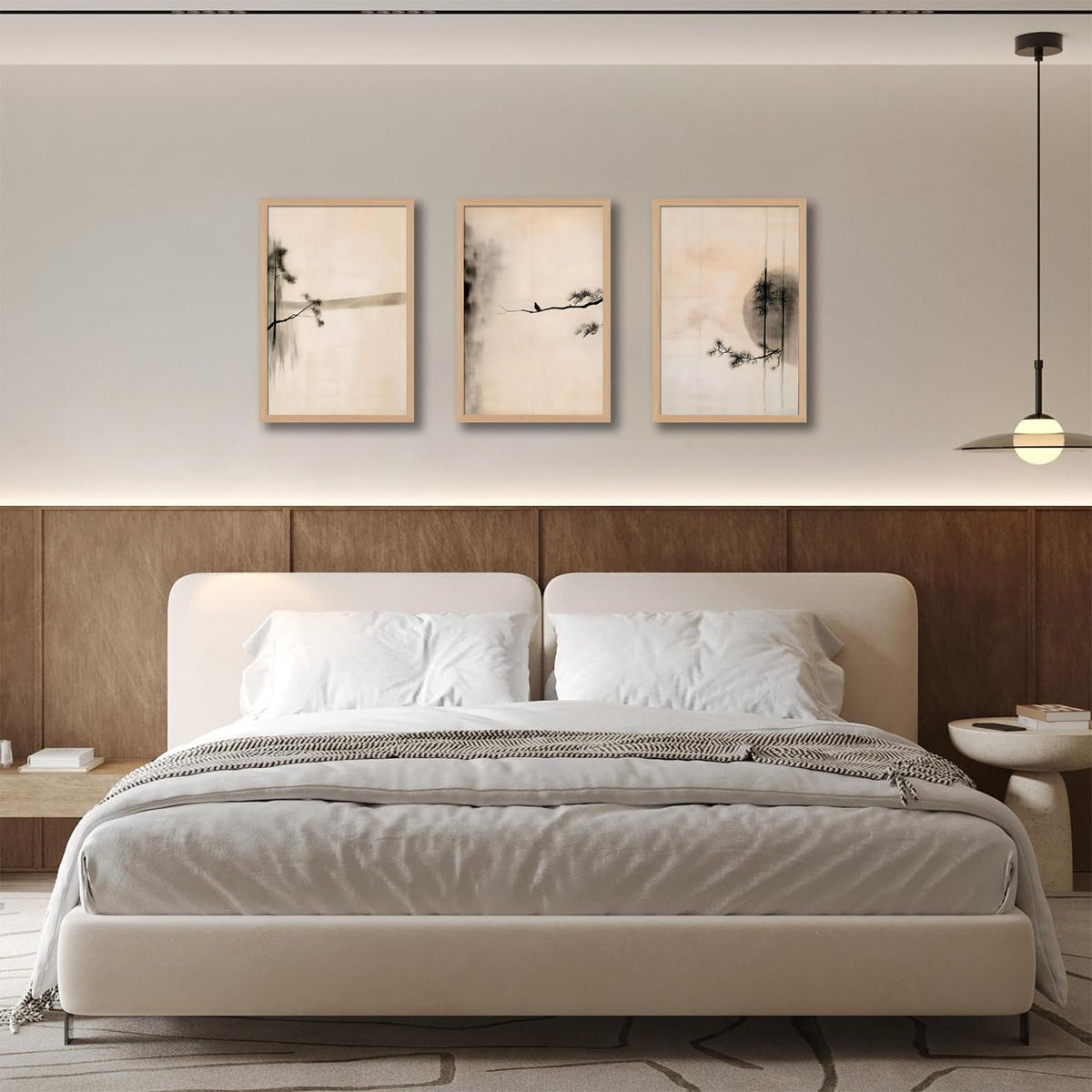 skysoon Minimalist Zen Wall Art Set of 3, Abstract Ink Landscape Canvas Prints, Neutral Pine Tree and Bird Artwork, Modern Japanese Scandinavian Wall Decor for Living Room Bedroom Office 16x24 Inch