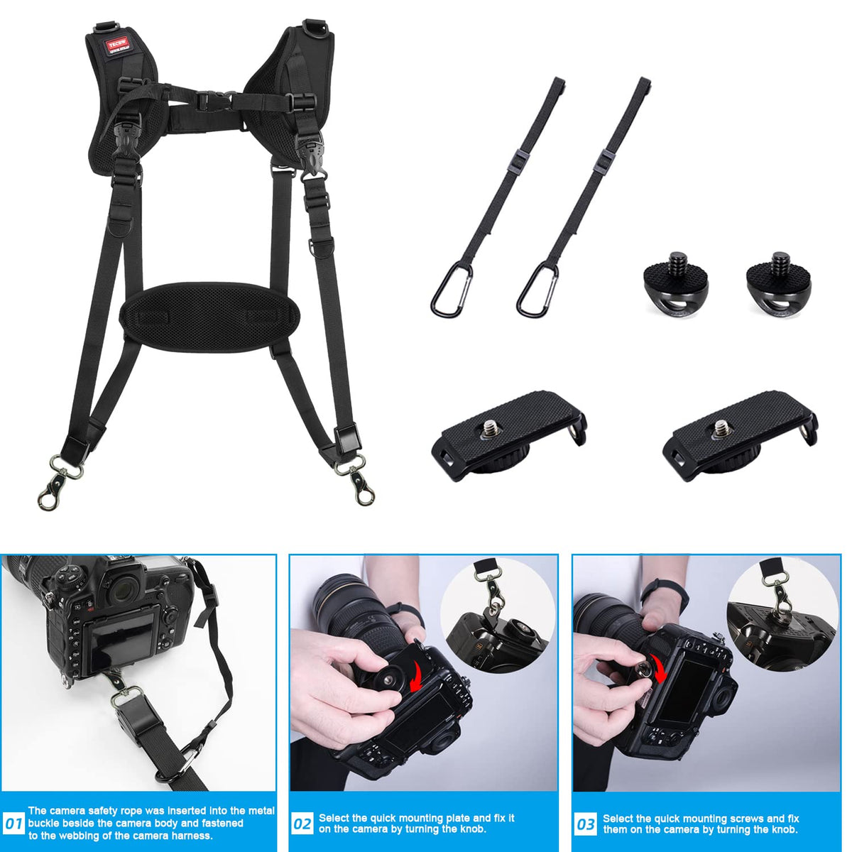 Quick Release Dual Camera Harness With Camera Safety Tether– Double Shoulder Camera Strap for 2 Cameras – Adjustable Length, Camera Straps for Photographers Camera Belt for DSLR SLR Camera (Style-A)