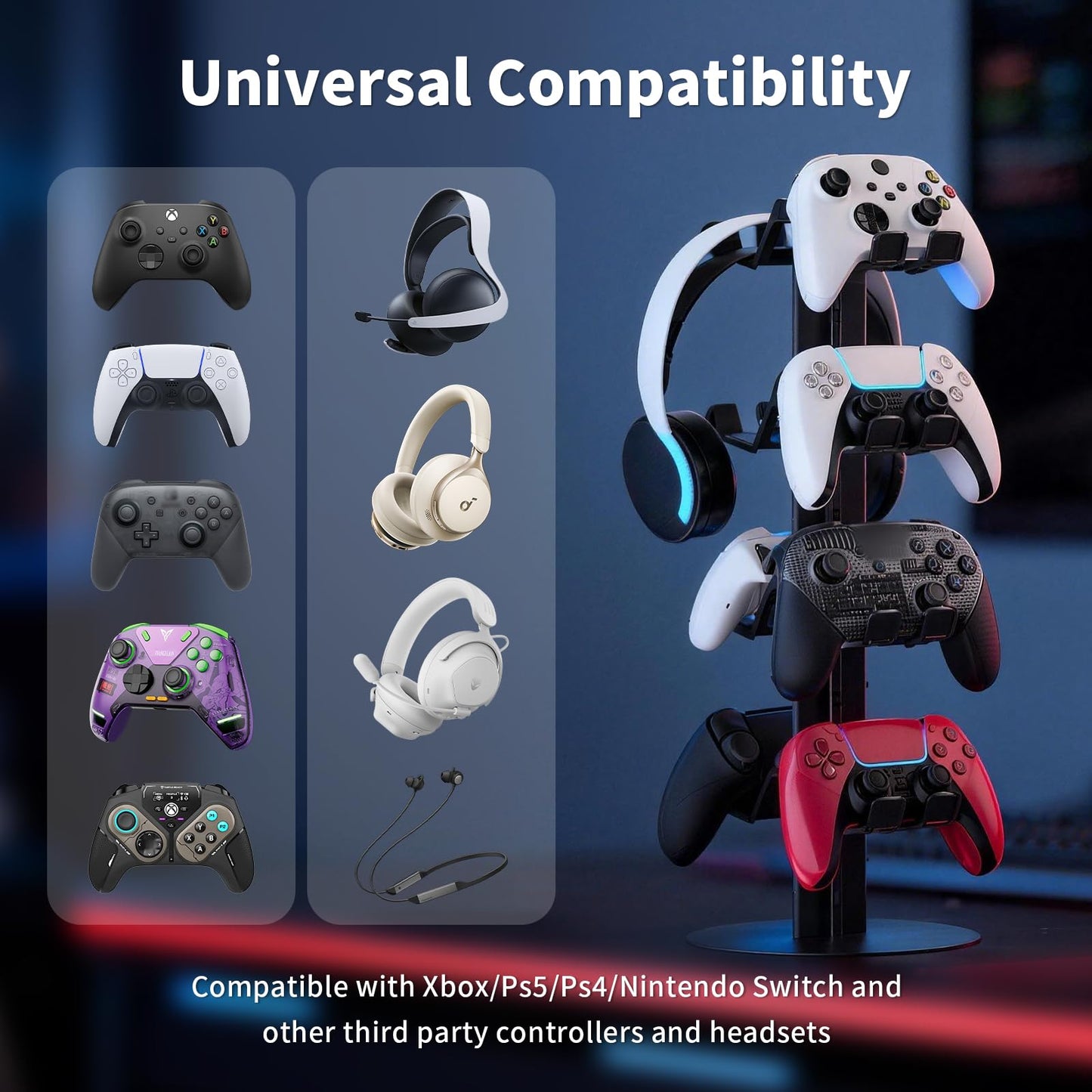 ZYTHRONE 4-Tier Game Controller Holder and Headphone Stand Aluminum Alloy for Desk Compatible with X-Box, PS5, PS4, and N-Switch Headset Holder for 8 Controllers
