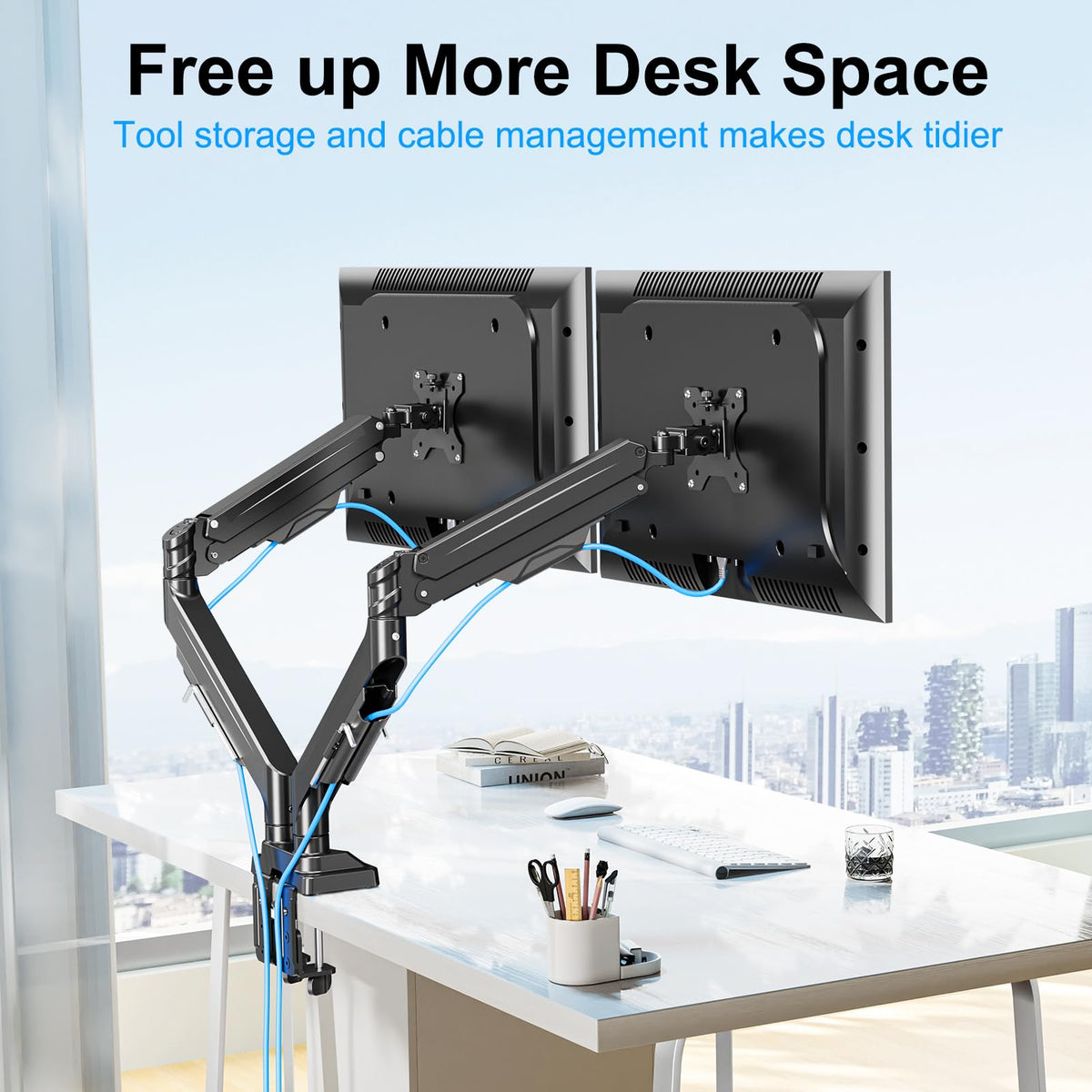 ErgoFocus Dual Monitor Mount for Screens up to 43", Heavy Duty Ultrawide Dual Monitor Arm Holds 2.2-33lbs Each, Premium Gas Spring Adjustable Computer Monitor Stand for 2 Monitors, VESA Desk Mount
