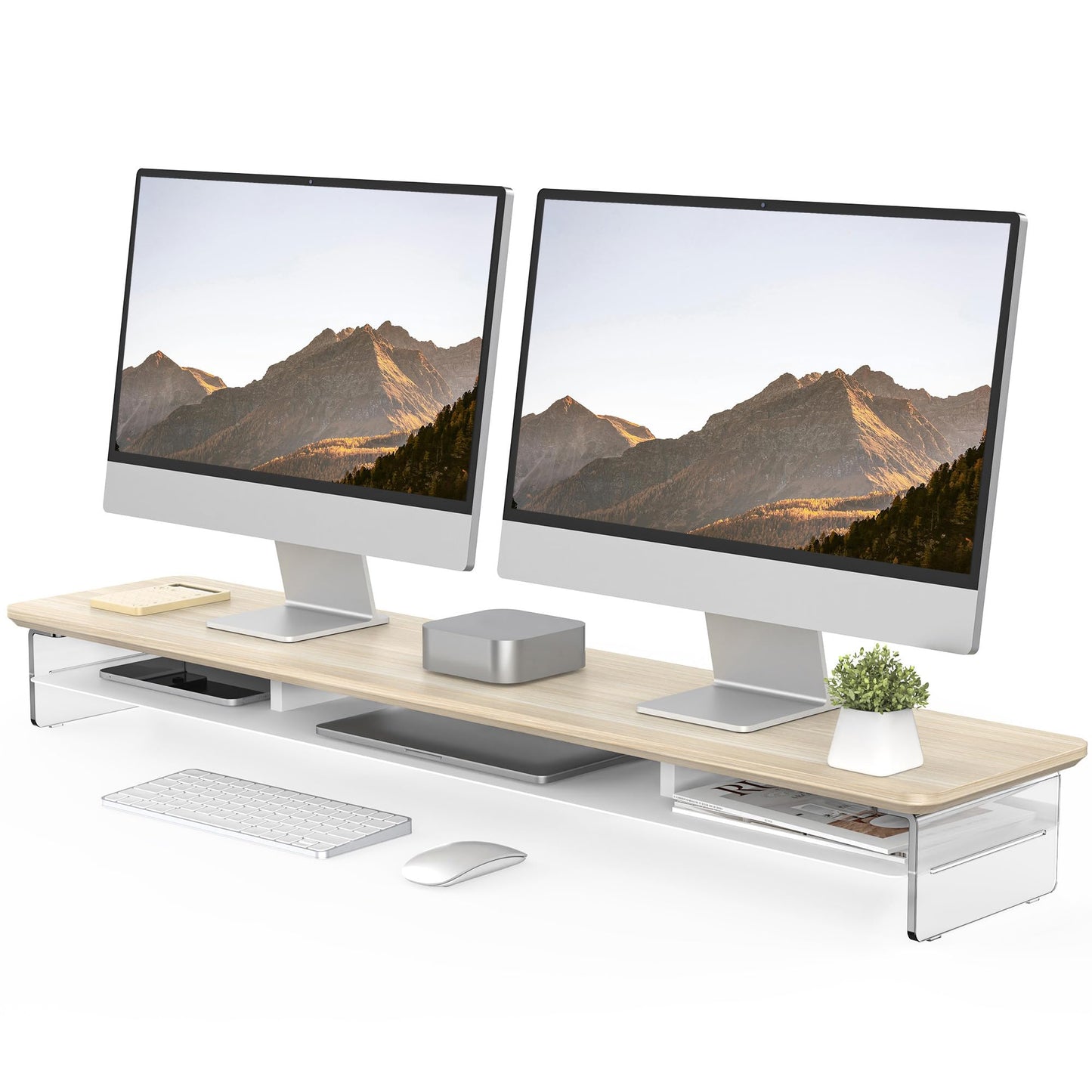 Fenge Acrylic Monitor Stand Riser, 42.5 Inches Dual Monitor Stand with Metal Storage, 2 Tier Acrylic Computer Riser for Desk, Clear Laptop Stand for PC, Laptop, Printer, TV, Oak