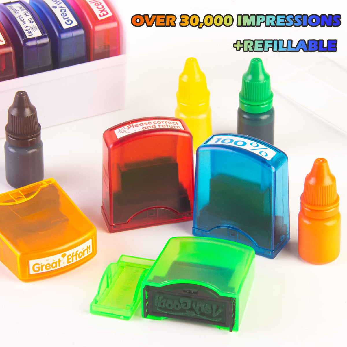 8PCS Self Inking Teacher Stamps Set in 8 Colors with Different Rewarding Comments, Teacher Stamps with Tray, Teacher Supplies for Homework Grading School Classroom Supplies