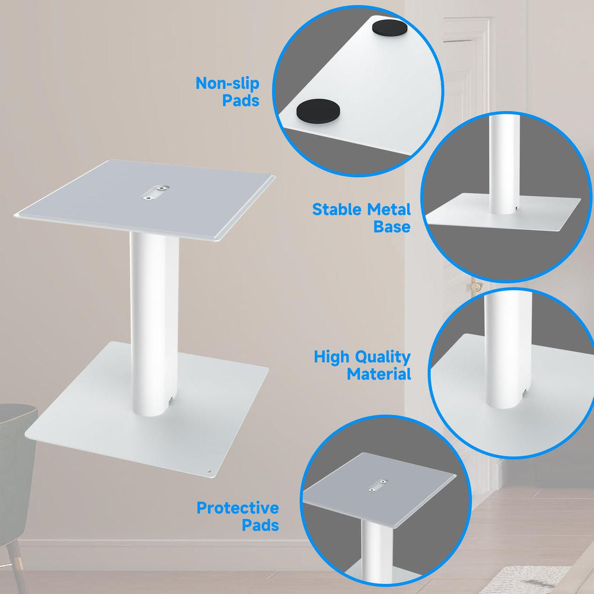 Suptek 9.4 x 8.2" Desktop Speaker Stands – Pair for Bookshelf & Desktop Speakers – 10" Height – Sturdy Base for Studio Monitors, PC, Gaming & Home Audio, White, SDM003LW