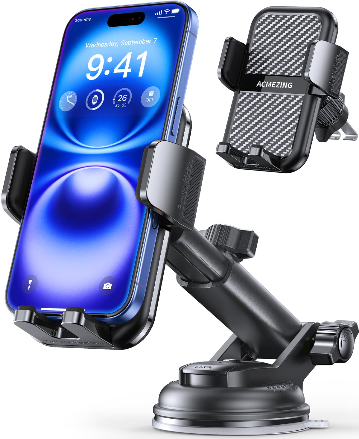 3-in-1 Car Phone Holder [122+LBS Strongest Suction & Stable Clamp Arm] 360° Adjustable Car Phone Mount, Cell Phone Holders for Your Car for Dashboard Vent, All Smartphones & Car Models