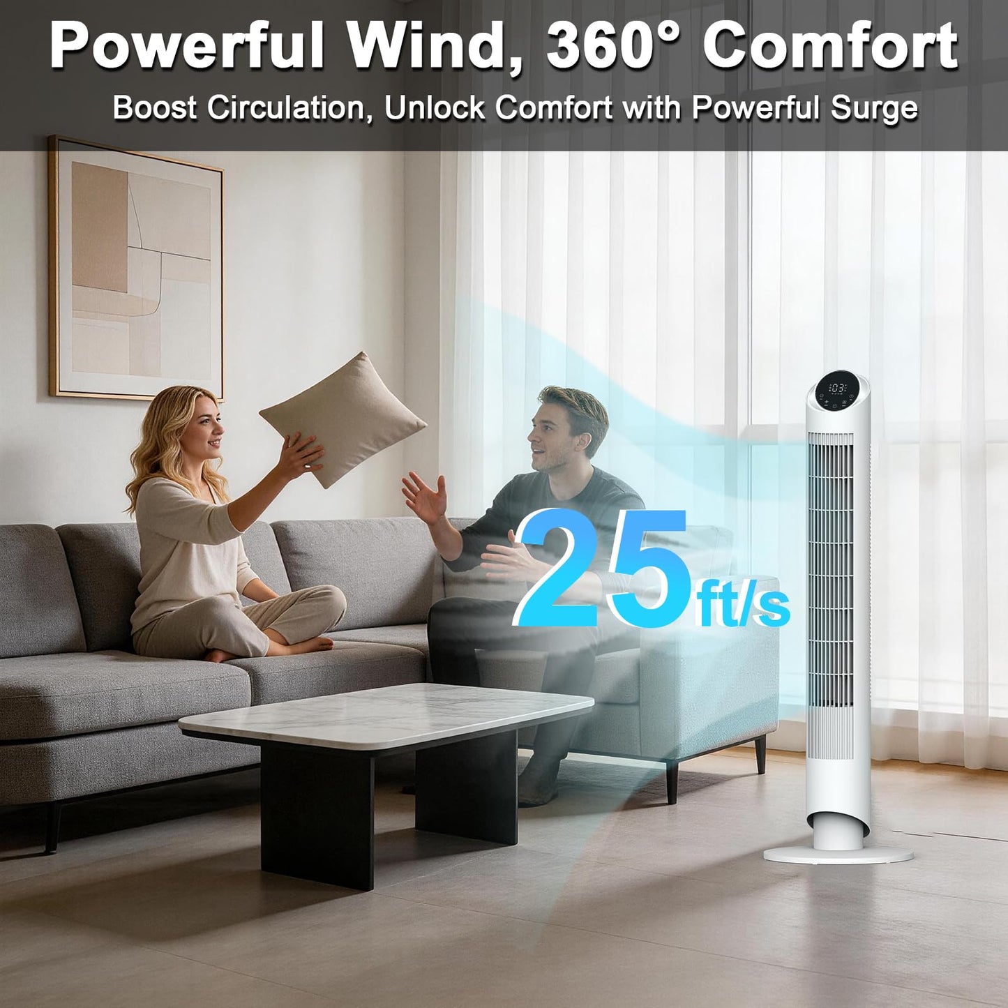 hykolity 40'' Tower Fan for Bedroom, 90° Oscillating Standing Fan, 28dB Ultra Quiet, 26ft/s Velocity Bladeless Floor Fan with 3 Speeds & 4 Modes, 12H Timer for Living Room, Home, Office, White