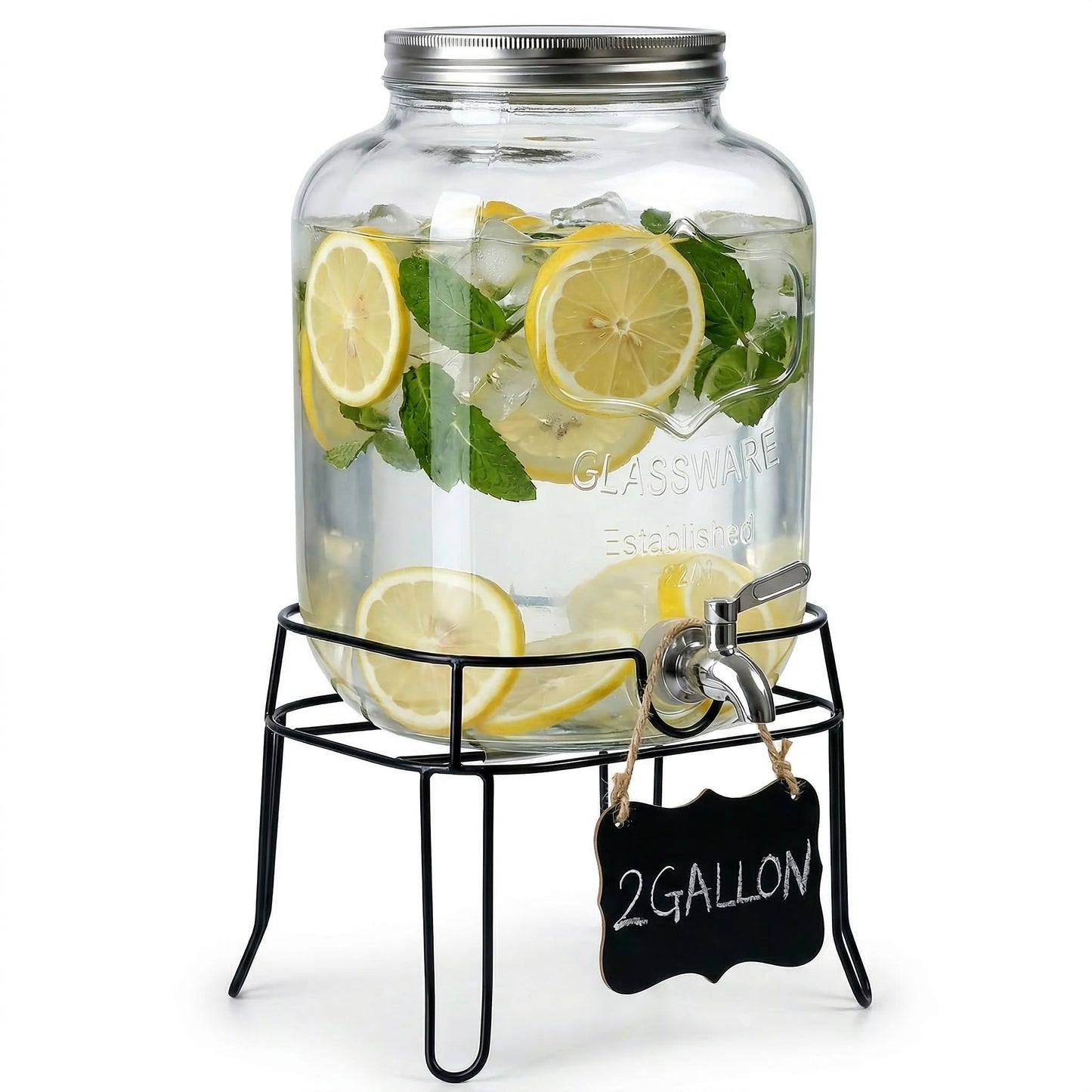2 Gallon Glass Drink Dispenser,Beverage Dispenser with Stand,Lemonade Dispenser with 304 Stainless Steel Spigot Leakproof for Entertaining Guests, Picnic,Hosting Parties